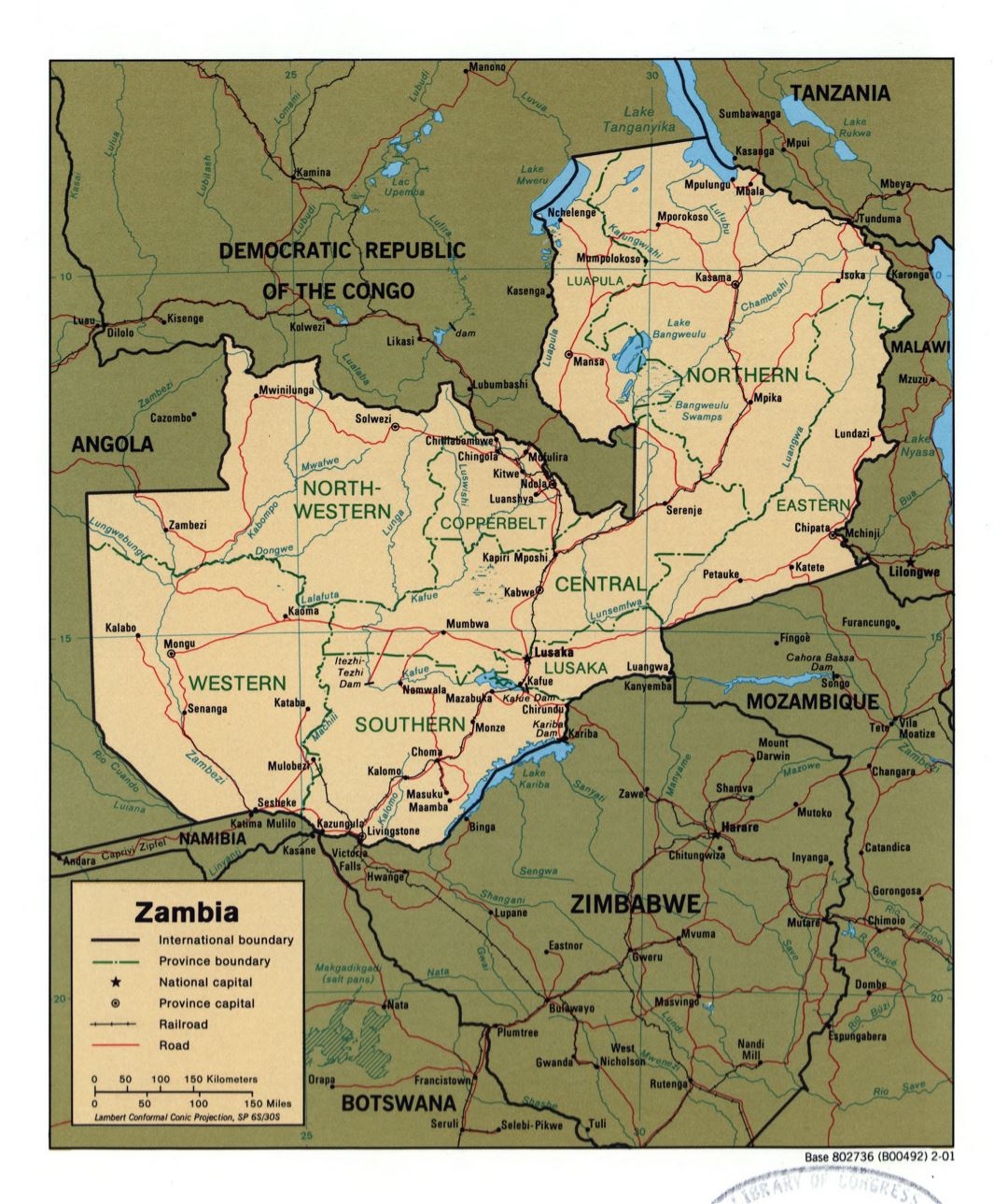 Large detailed political and administrative map of Zambia with roads, railroads and major cities - 2001
