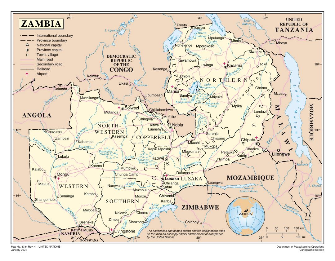 Large detailed political and administrative map of Zambia with roads, railroads, cities and airports
