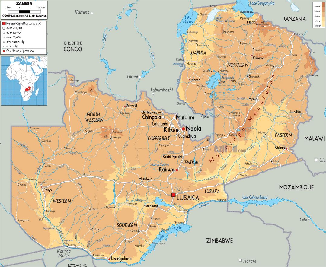 Large physical map of Zambia with roads, cities and airports