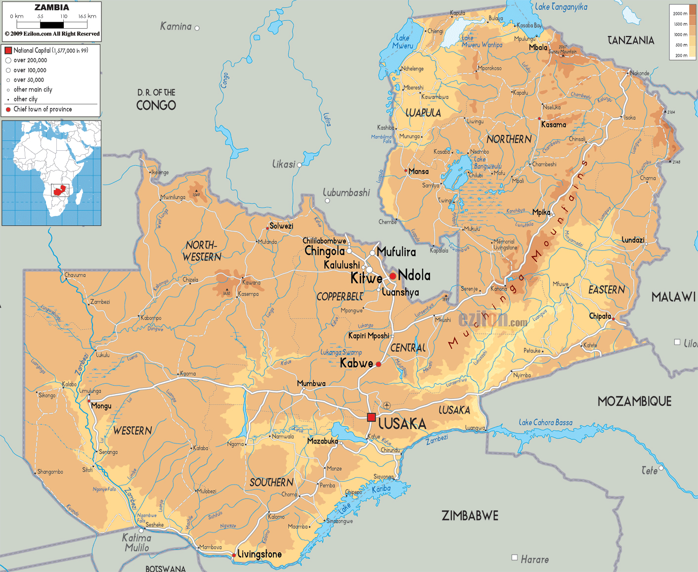 Large Physical Map Of Zambia With Roads Cities And Airports 