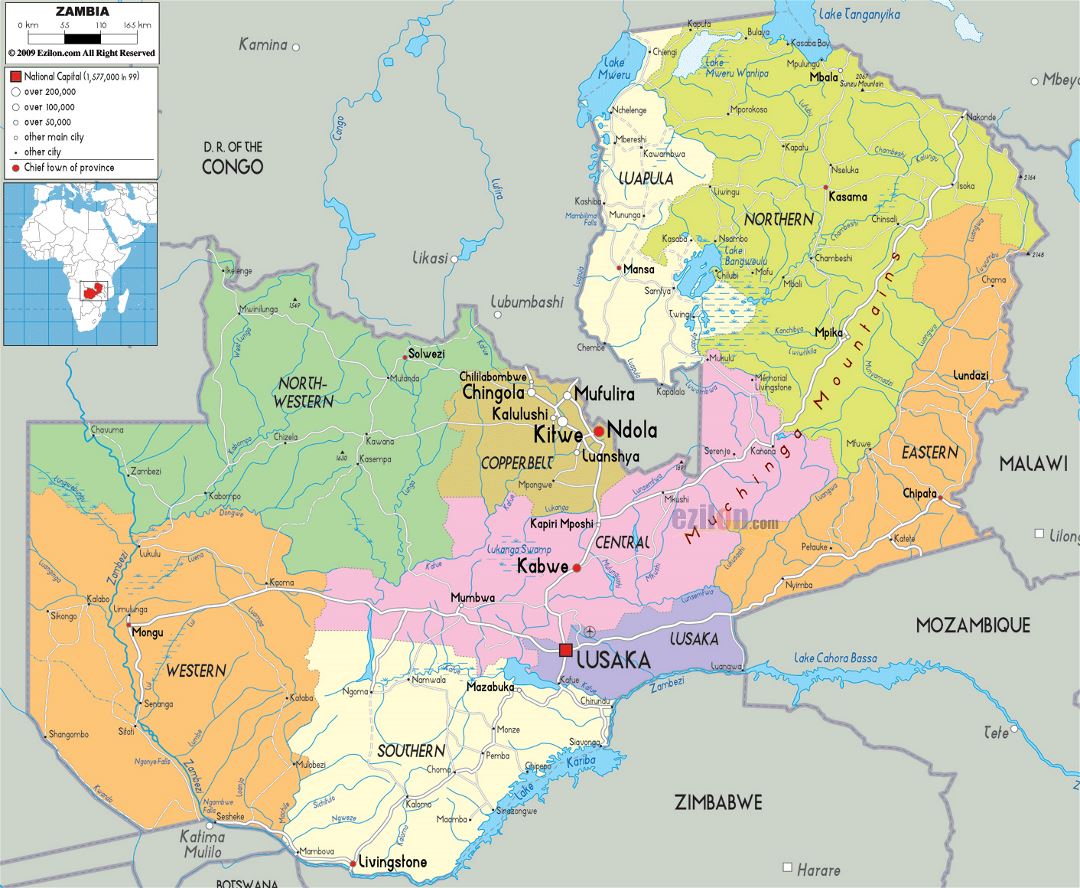 Large political and administrative map of Zambia with roads, cities and airports