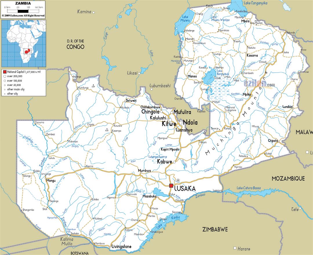 Large road map of Zambia with cities and airports