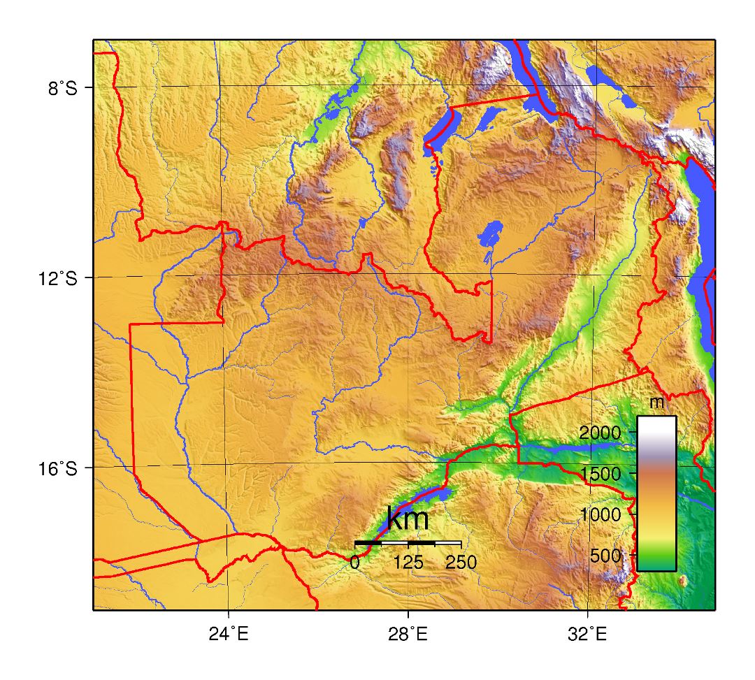 Large topographical map of Zambia