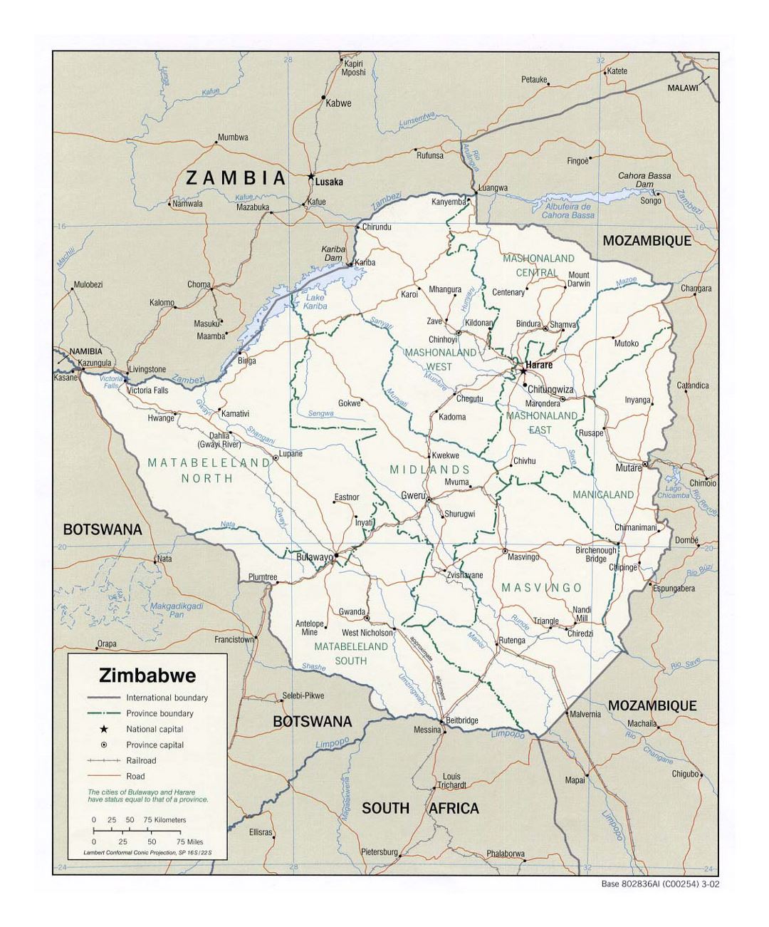 Detailed political and administrative map of Zimbabwe with roads, railroads and major cities - 2002