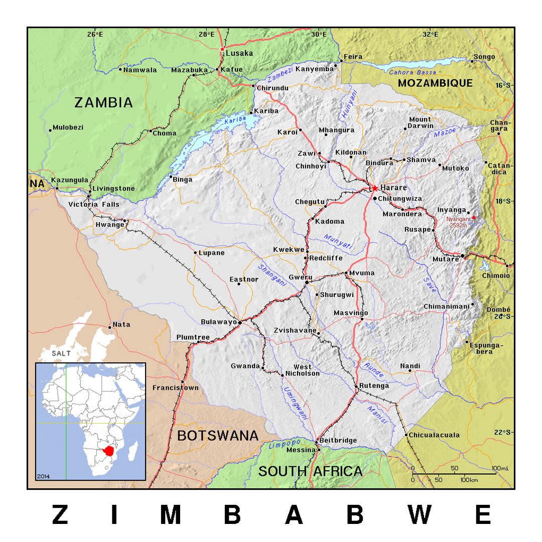 Detailed political map of Zimbabwe with relief