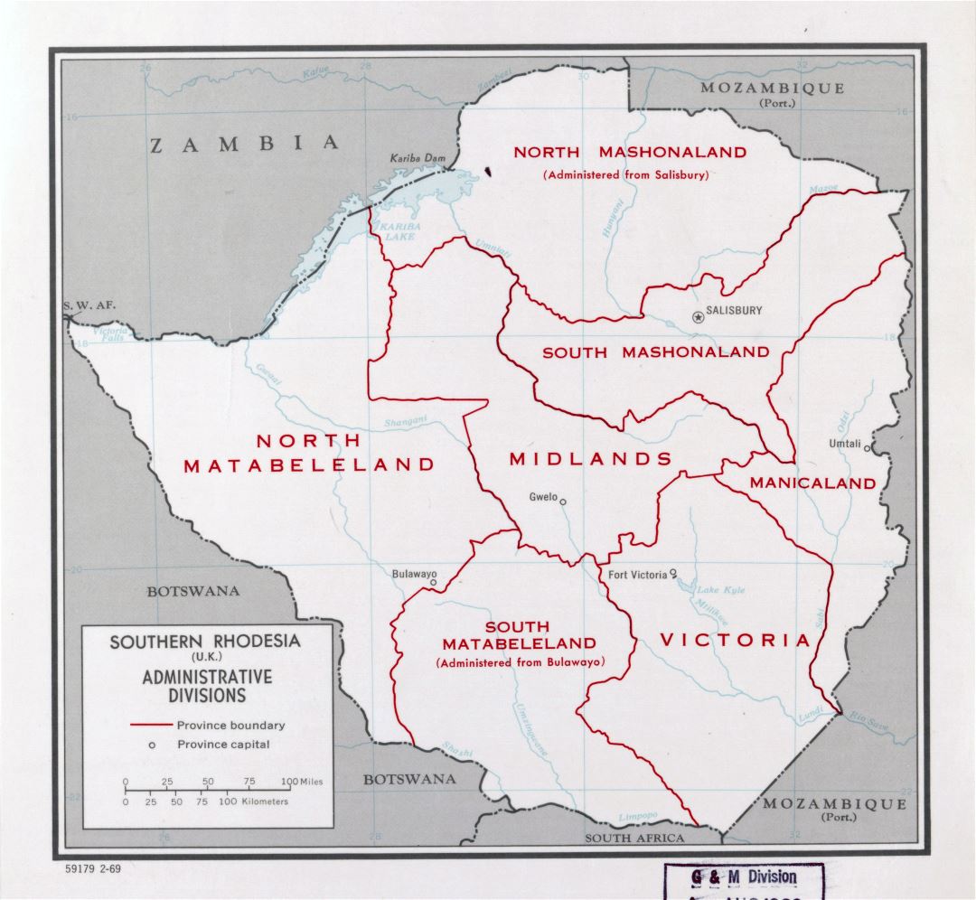 Large detailed administrative divisions map of Southern Rhodesia (Zimbabwe) - 1969