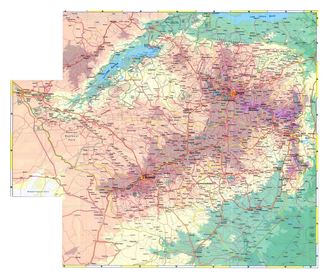 Large detailed elevation map of Zimbabwe with roads, cities and other marks