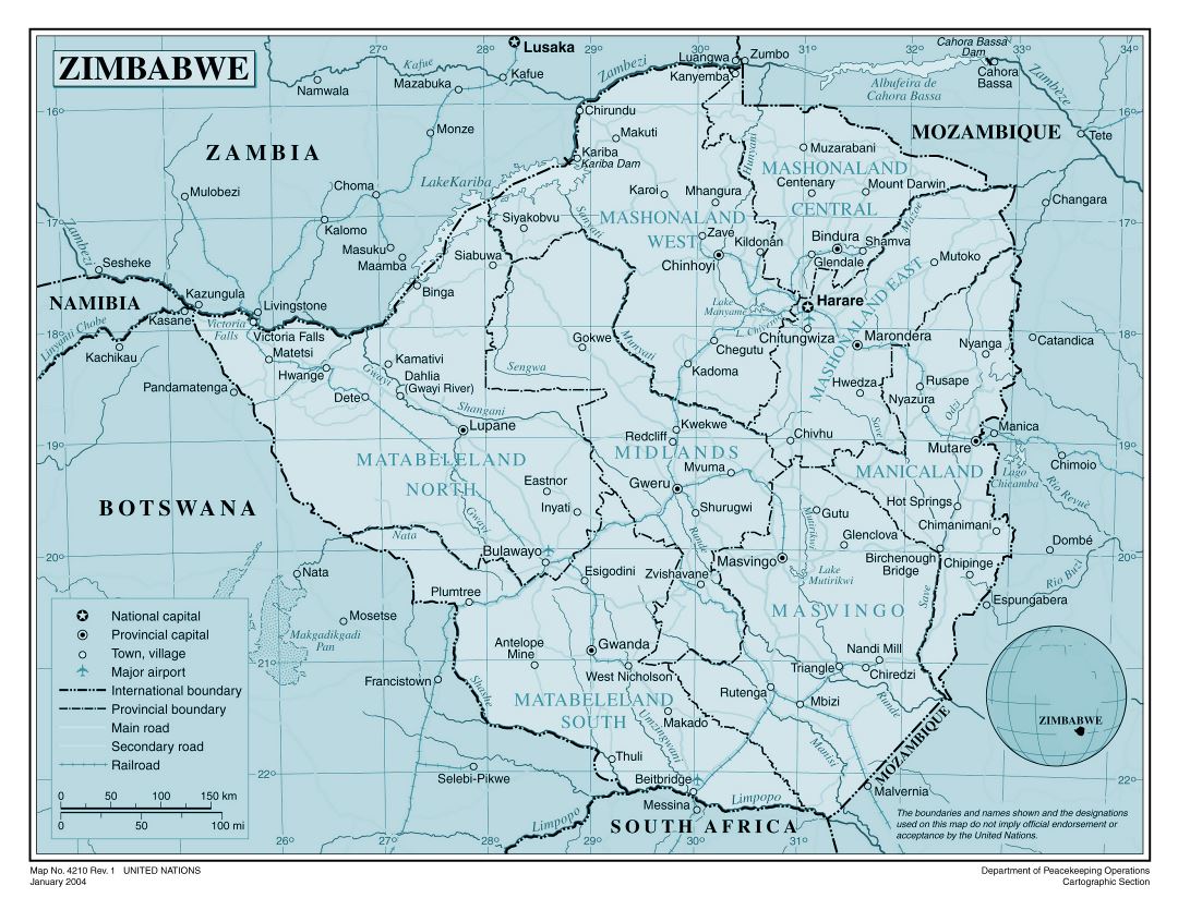 Large detailed political and administrative map of Zimbabwe with roads, railroads, all cities and airports
