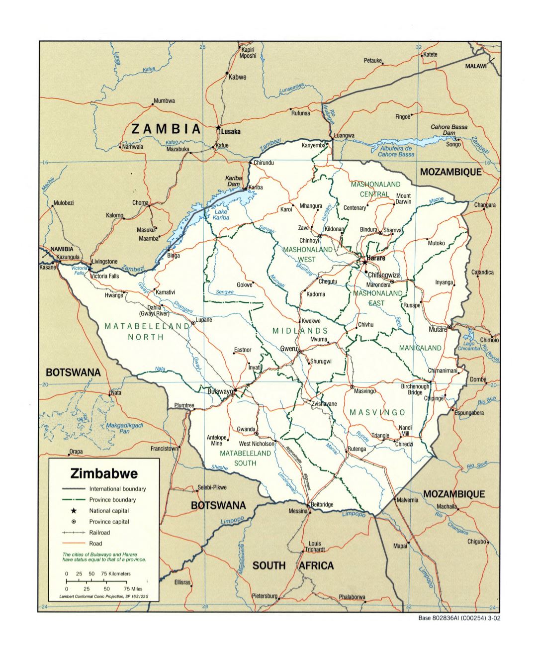 Large detailed political and administrative map of Zimbabwe with roads, railroads and major cities - 2002