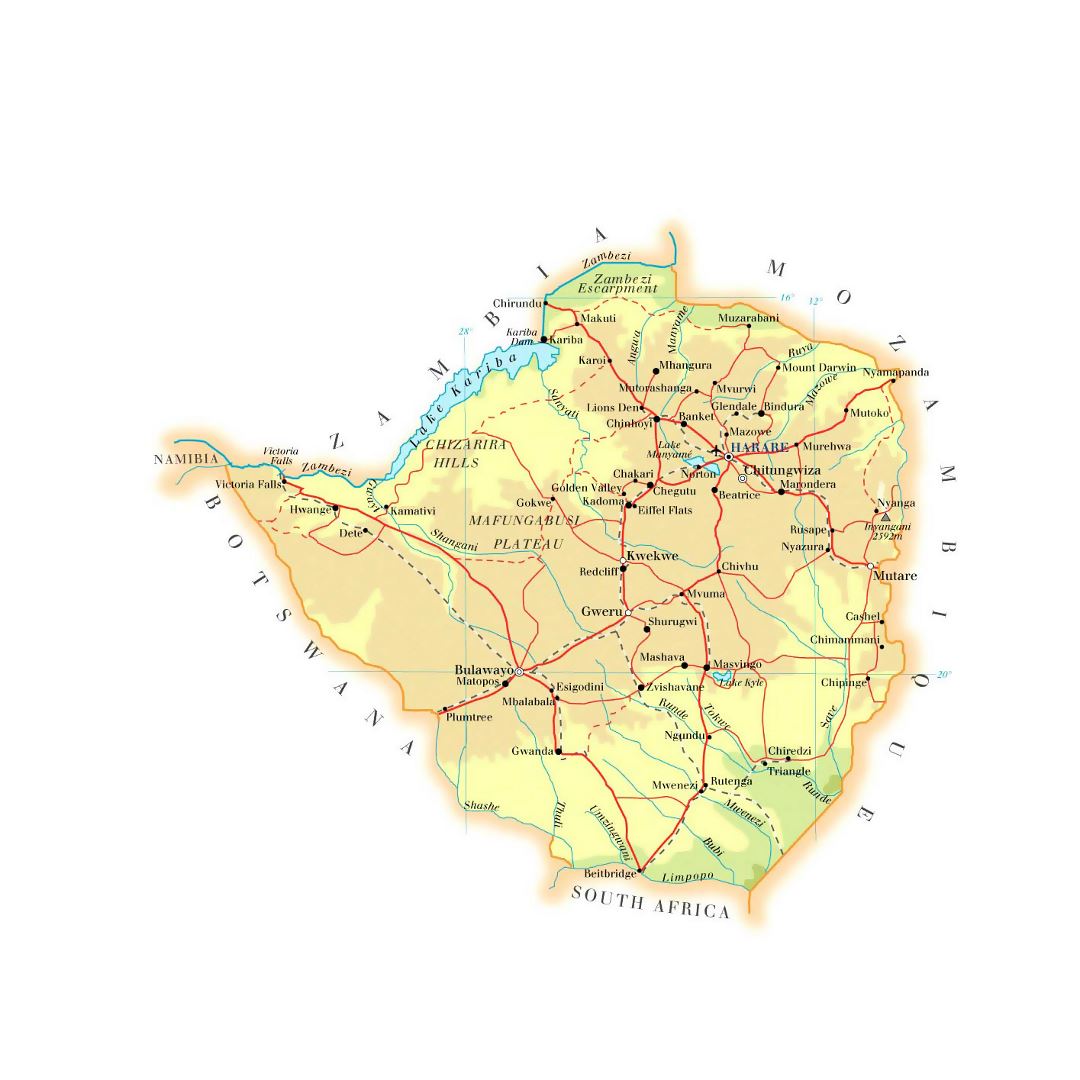 Large elevation map of Zimbabwe with roads, railroads, cities and airports