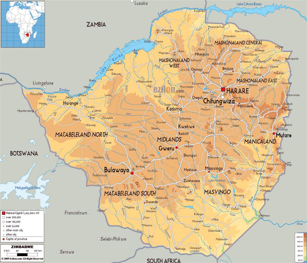 Large physical map of Zimbabwe with roads, cities and airports