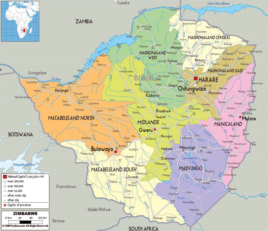 Large political and administrative map of Zimbabwe with roads, cities and airports