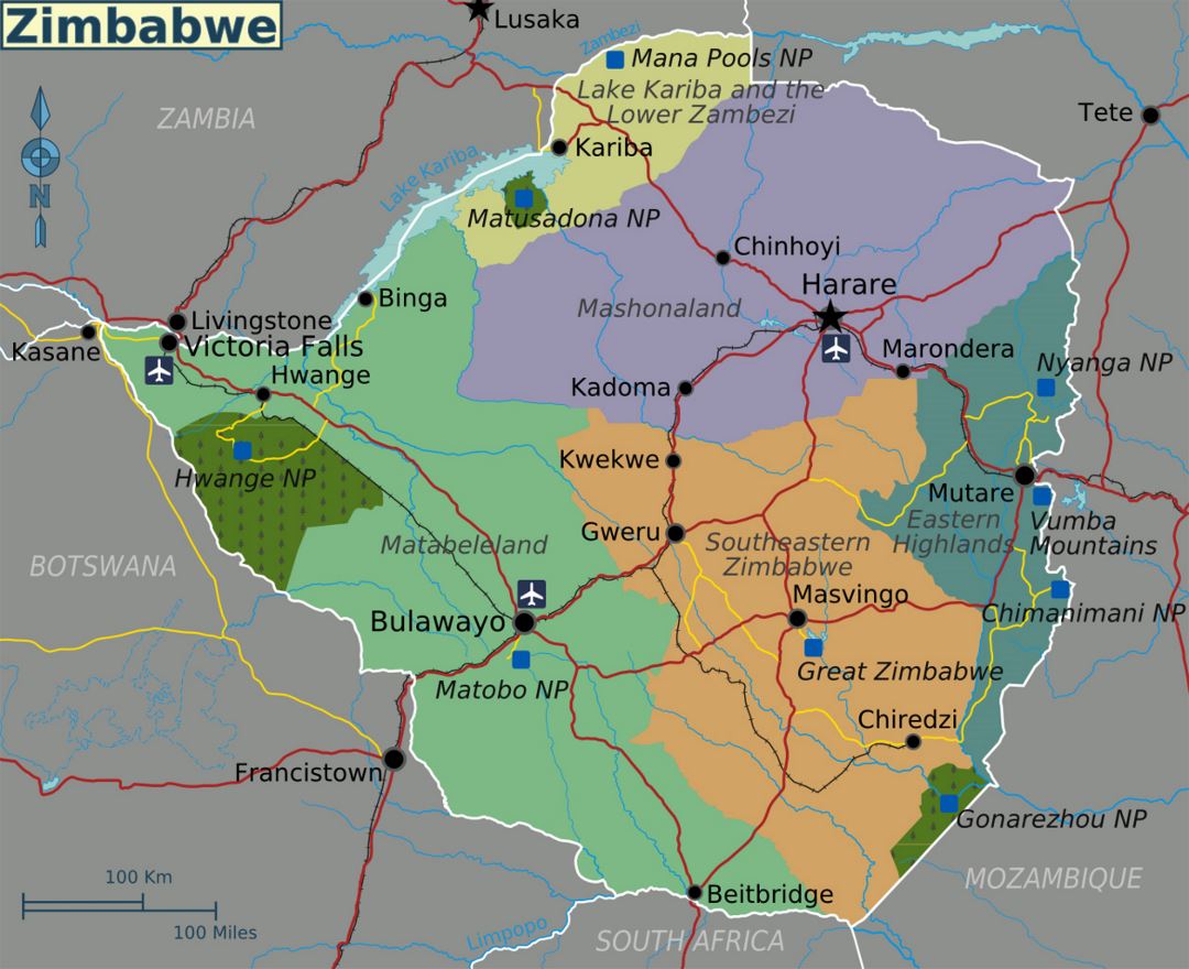 Large regions map of Zimbabwe