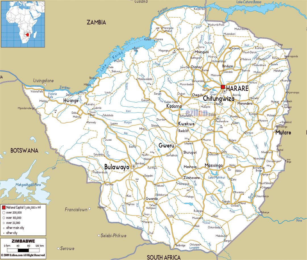 Large road map of Zimbabwe with cities and airports