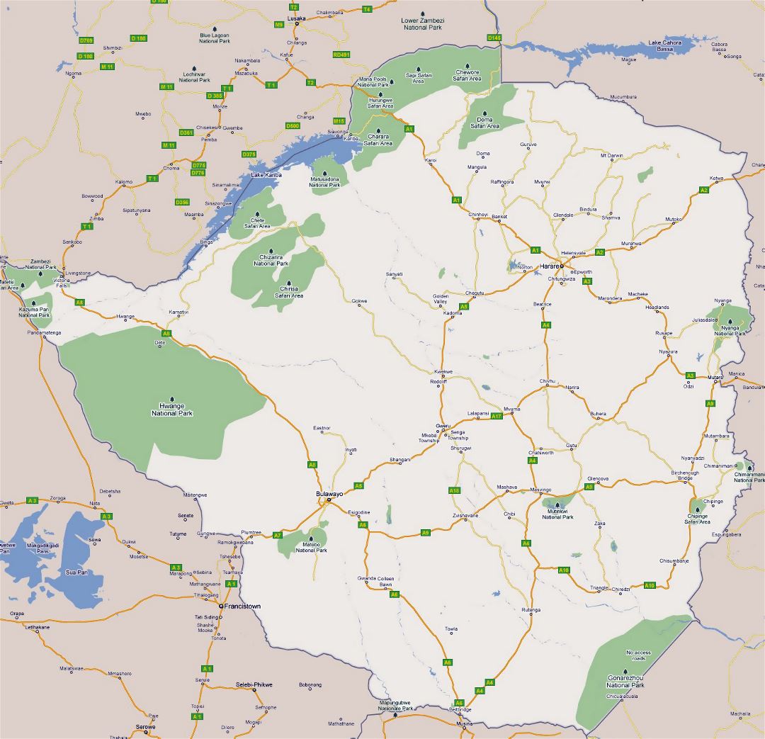 Large road map of Zimbabwe with cities and national parks