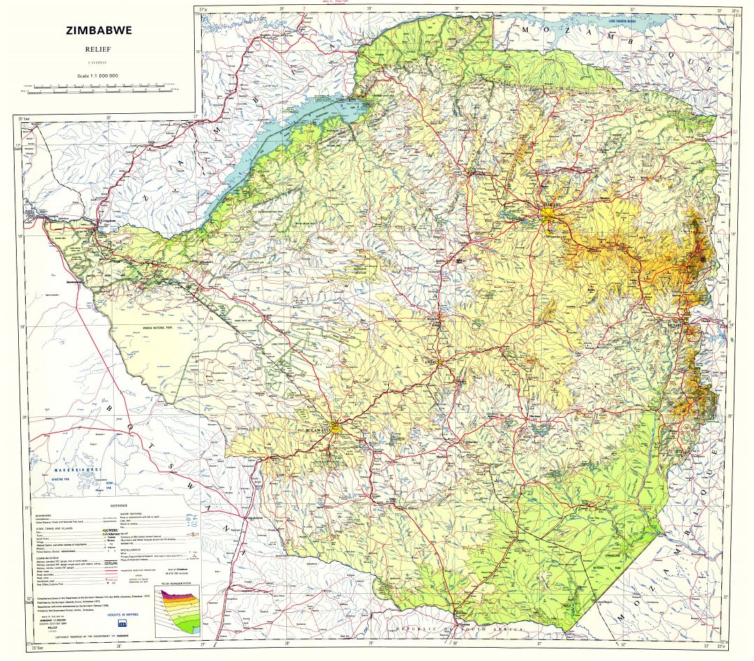 Large scale relief map of Zimbabwe with other marks