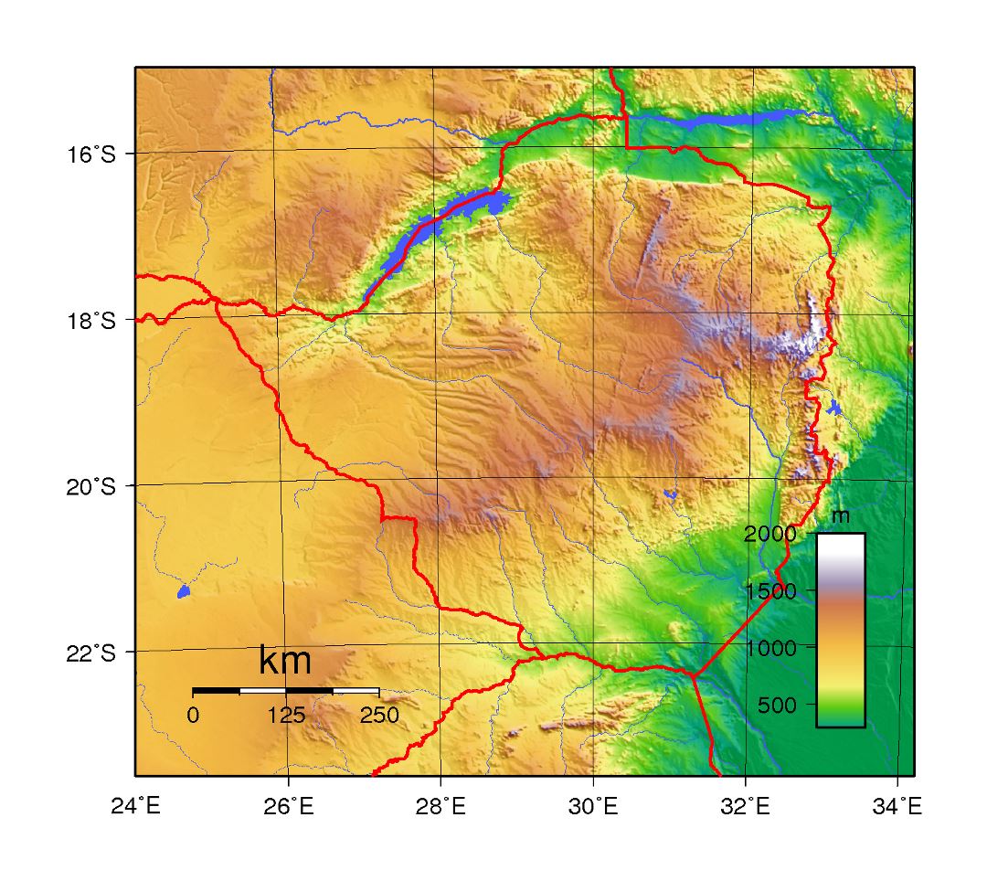 Large topographical map of Zimbabwe