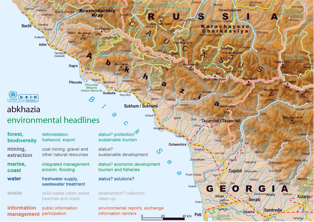 Large detailed political map of Abkhazia with relief