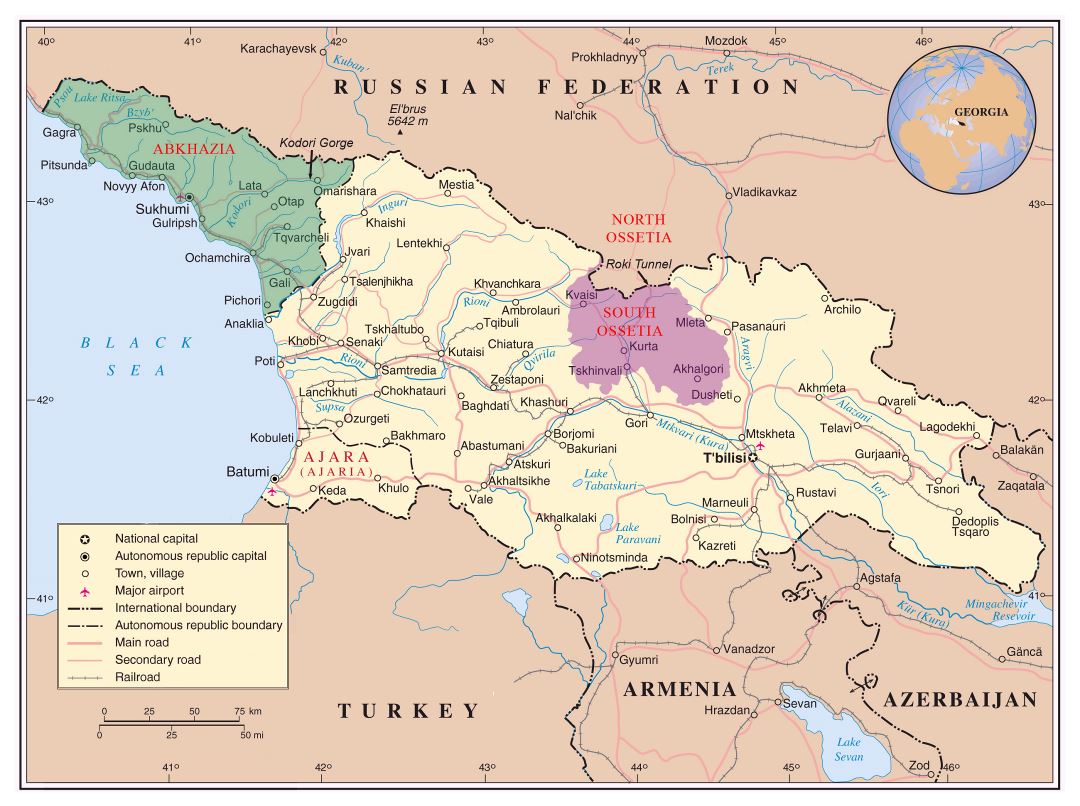 Large detailed political map of Georgia, Abkhazia and South Ossetia with roads, railroads, cities and airports