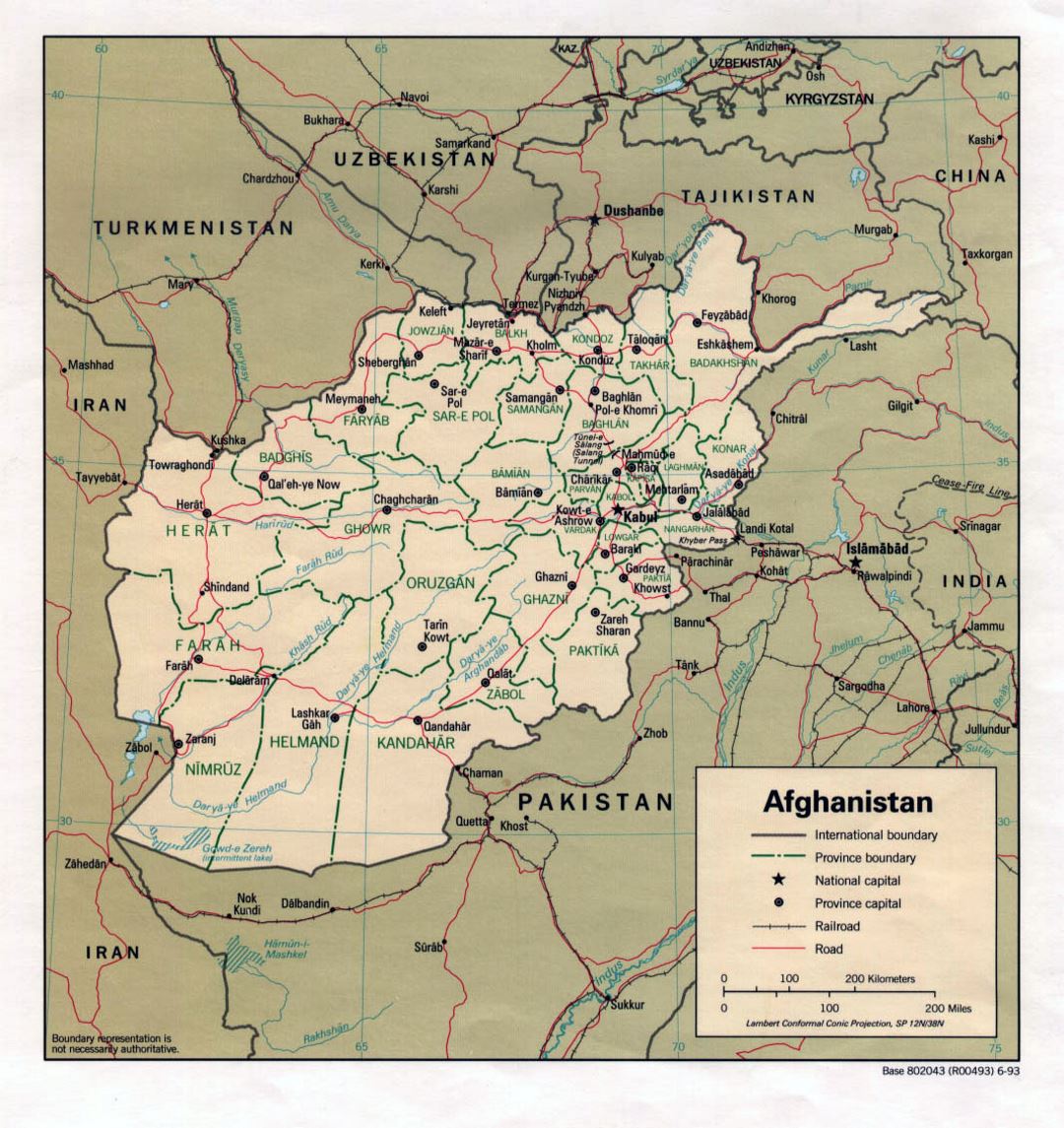 Detailed political and administrative map of Afghanistan with major cities and roads - 1993