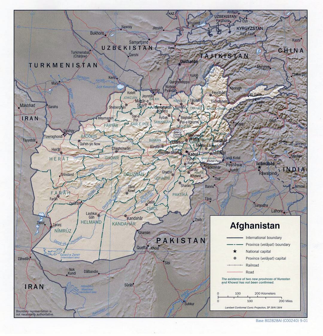 Detailed political and administrative map of Afghanistan with relief - 2001