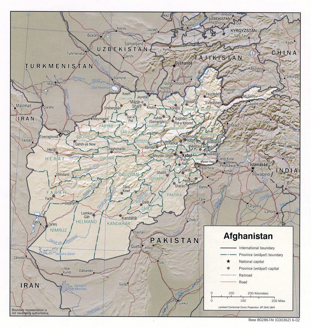 Detailed political and administrative map of Afghanistan with relief - 2002