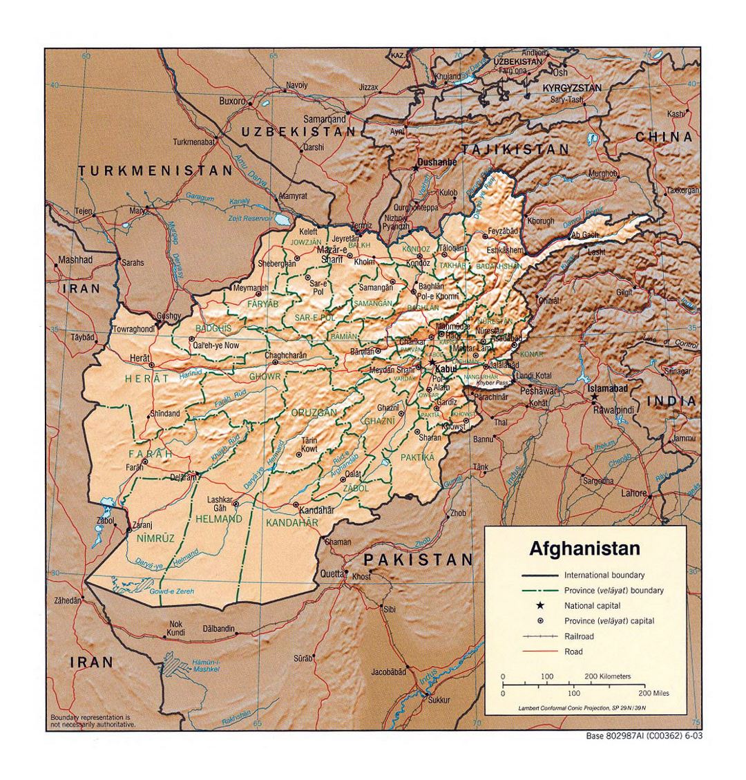 Detailed political and administrative map of Afghanistan with relief - 2003