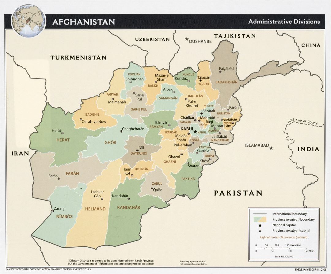 Large administrative divisions map of Afghanistan - 2008