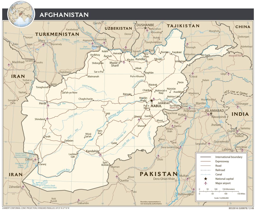Large detailed political map of Afghanistan with roads ,airports and major cities - 2008