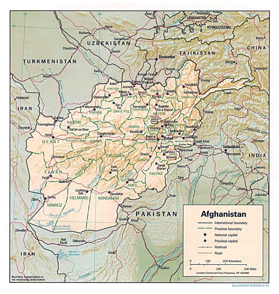 Large political and administrative map of Afghanistan with relief, major cities and roads - 1993
