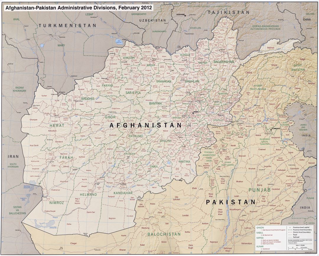 Large scale administrative divisions map of Afghanistan and Pakistan with relief, roads, railroads and major cities - 2012