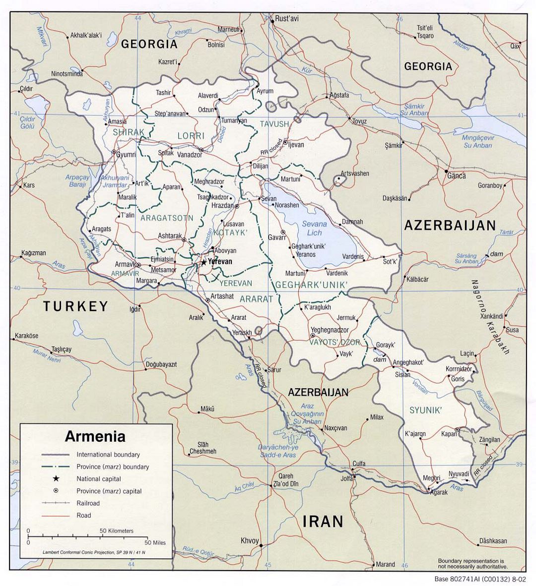 Detailed political and administrative map of Armenia with roads and cities - 2002