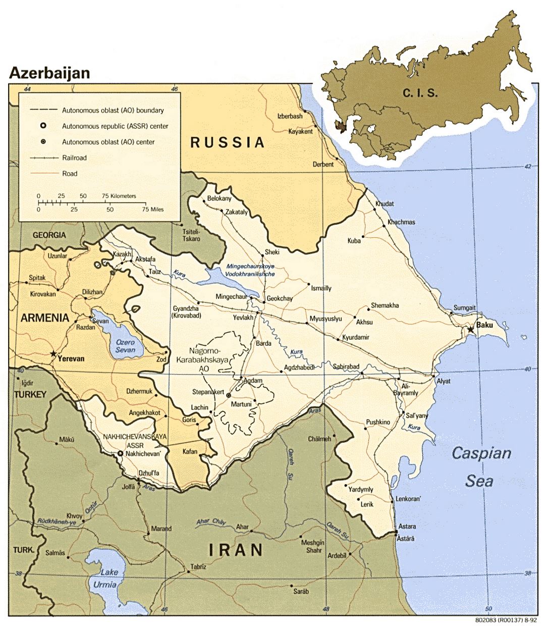 Detailed political map of Azerbaijan with roads, railroads and major cities - 1992
