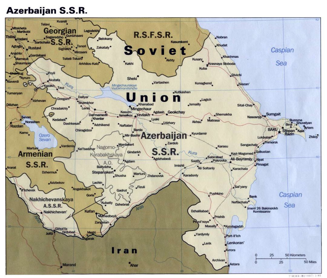 Large political map of Azerbaijan S.S.R. with roads, railroads and major cities - 1990