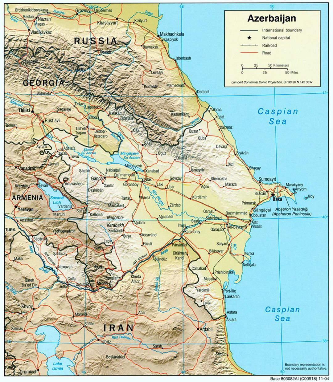 Large political map of Azerbaijan with relief, roads, railroads and cities - 2004