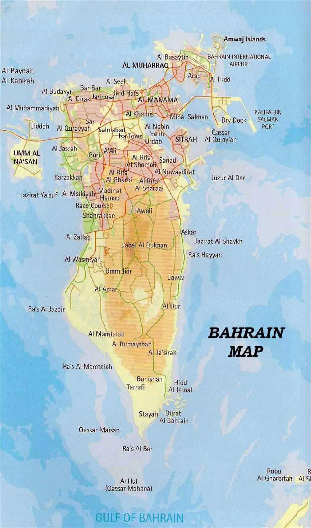 Detailed Road And Elevation Map Of Bahrain Small 