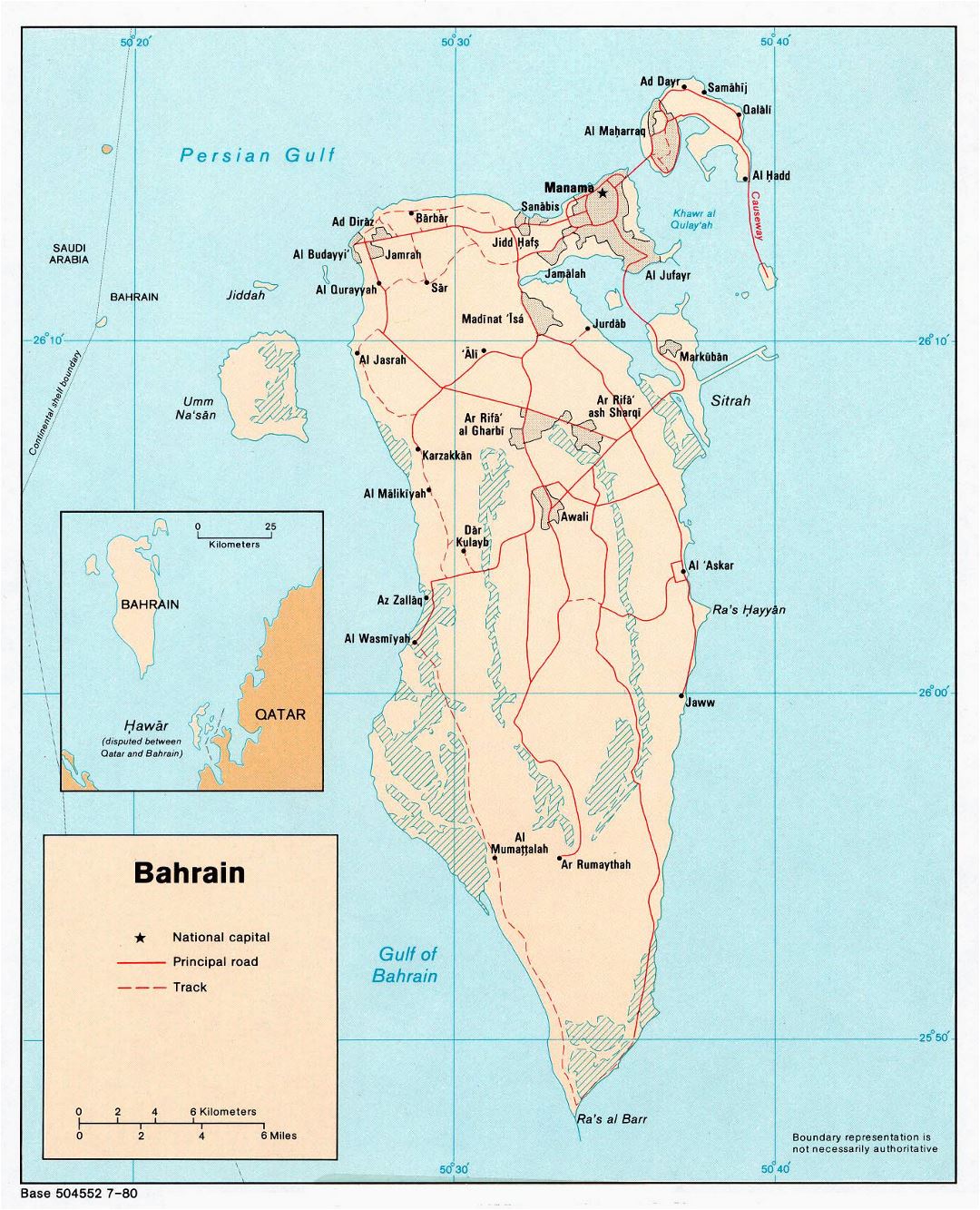 Large detailed political map of Bahrain with roads and cities - 1980