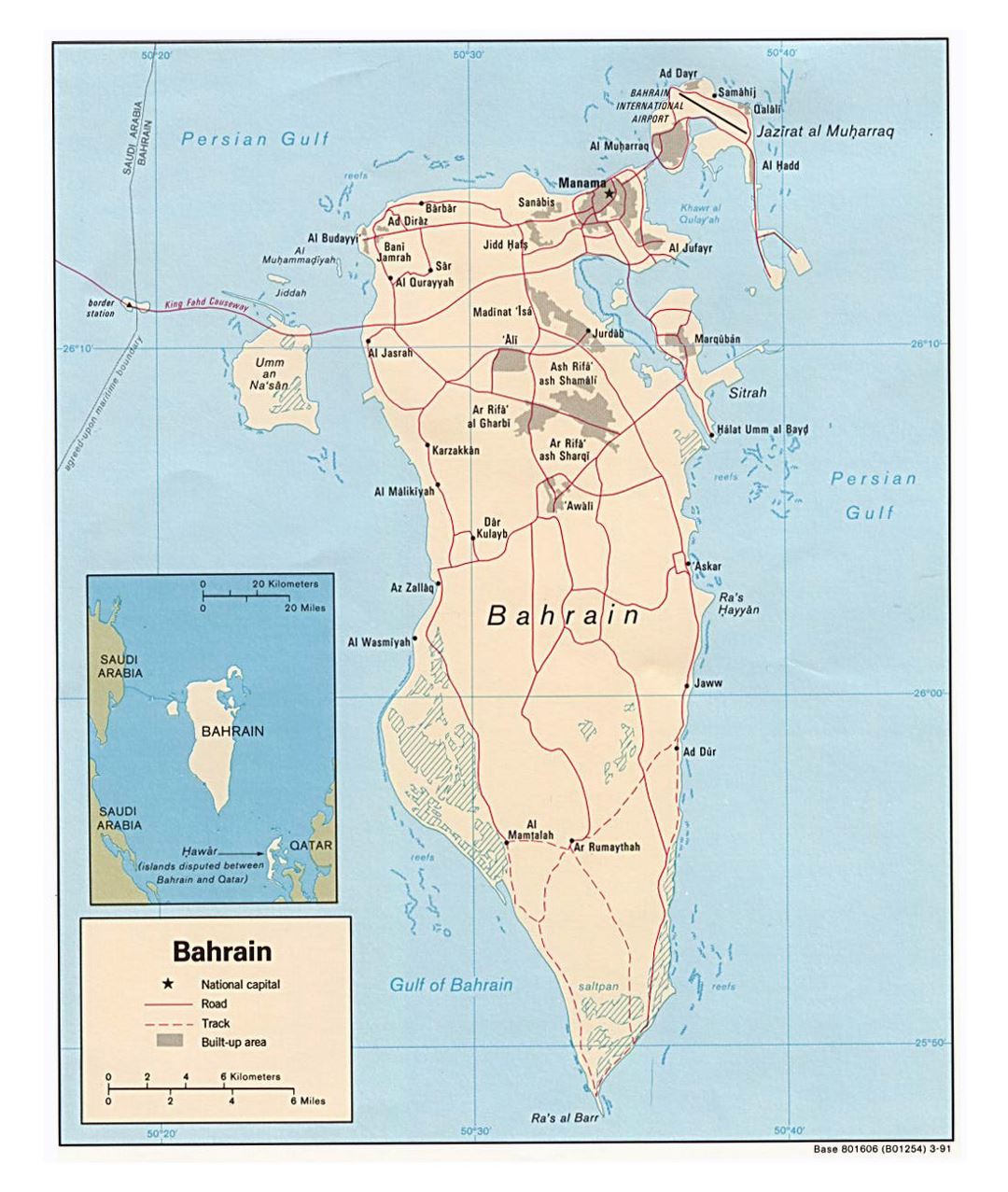 Large detailed political map of Bahrain with roads and cities - 1991