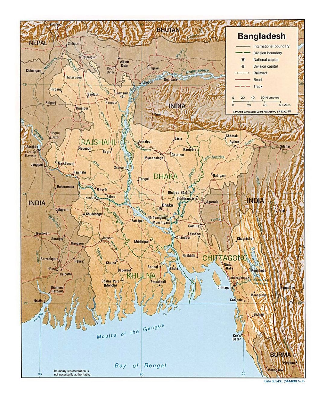 Detailed political and administrative map of Bangladesh with relief, roads and major cities - 1996