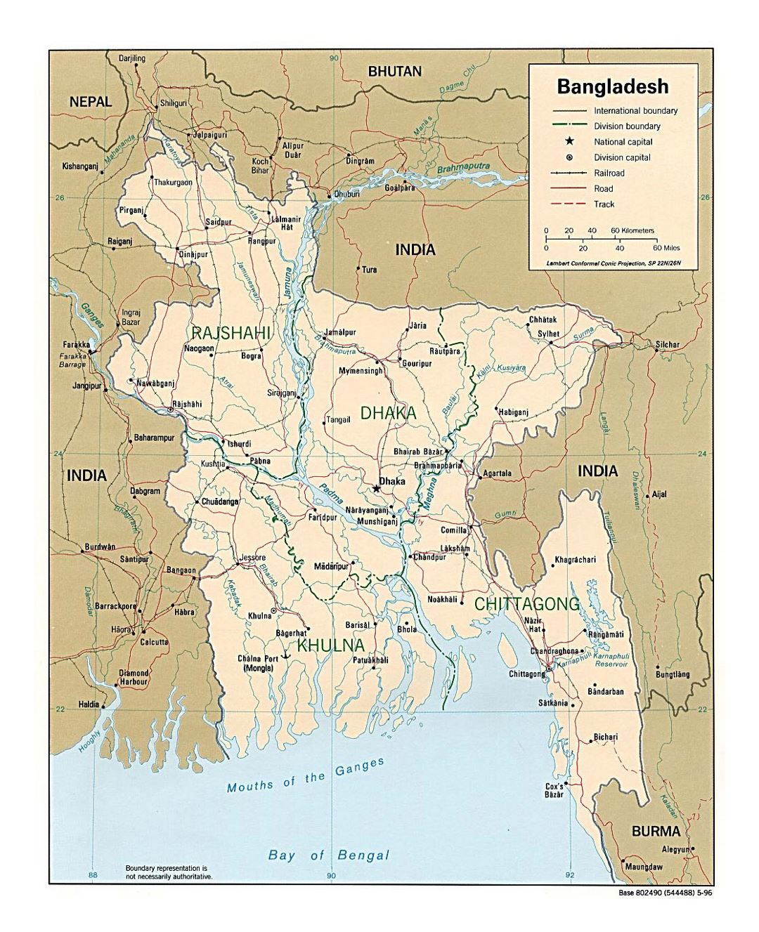 Detailed political and administrative map of Bangladesh with roads and major cities - 1996