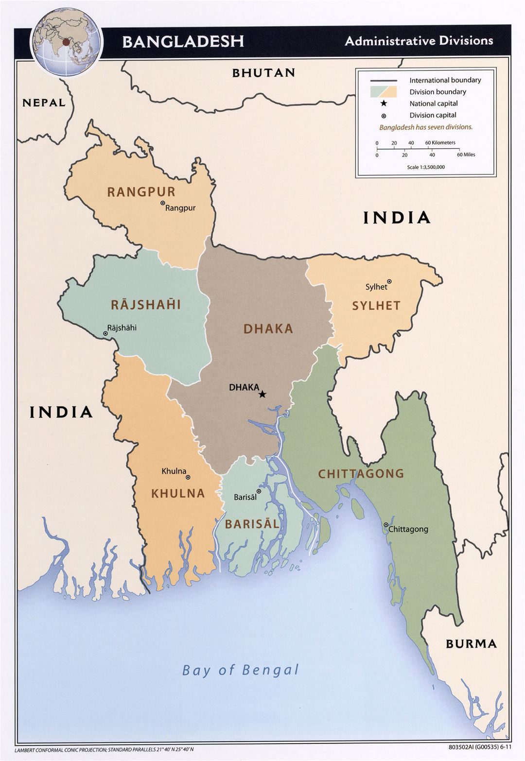 Large detailed administrative divisions map of Bangladesh - 2011