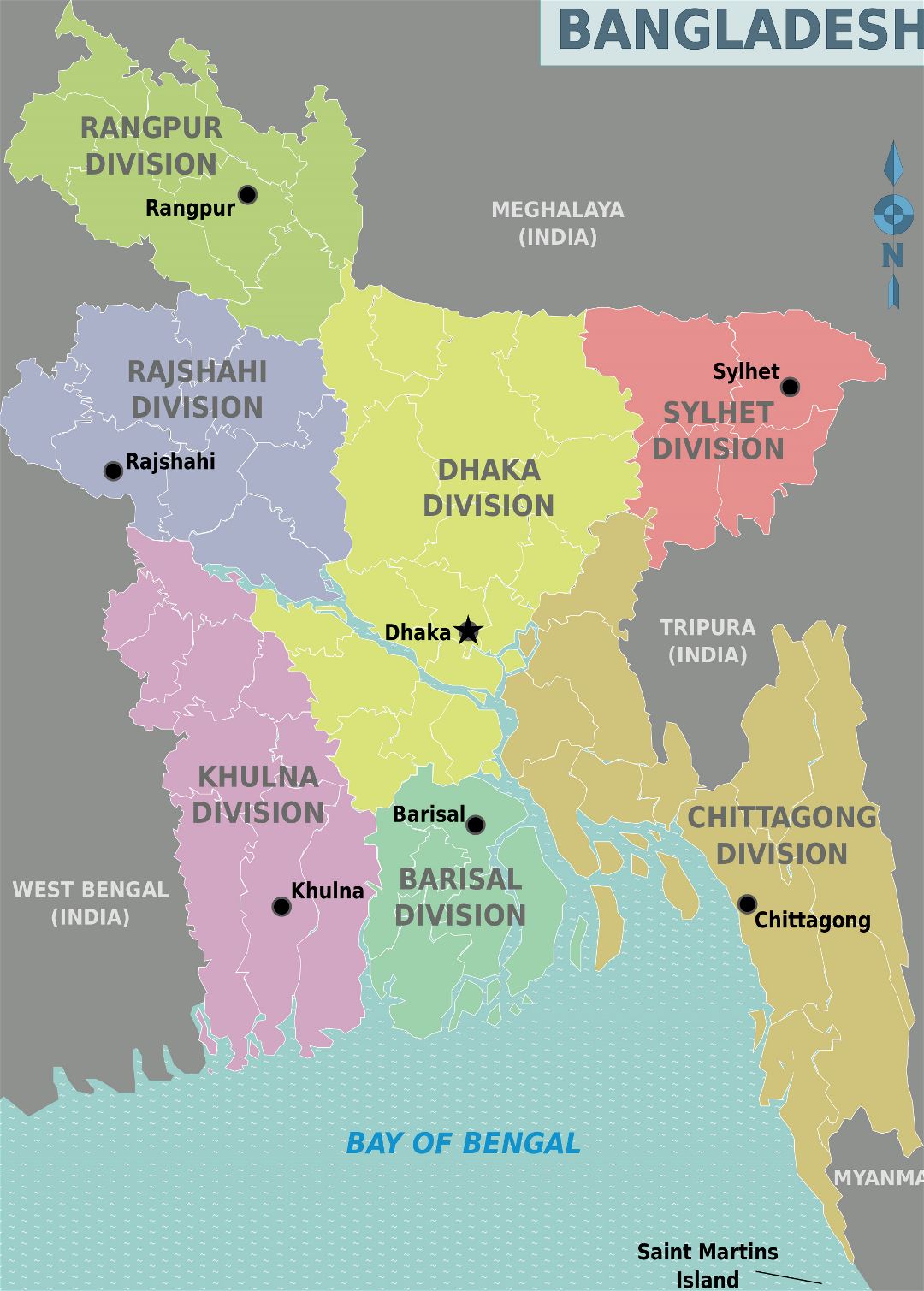 Large detailed administrative divisions map of Bangladesh