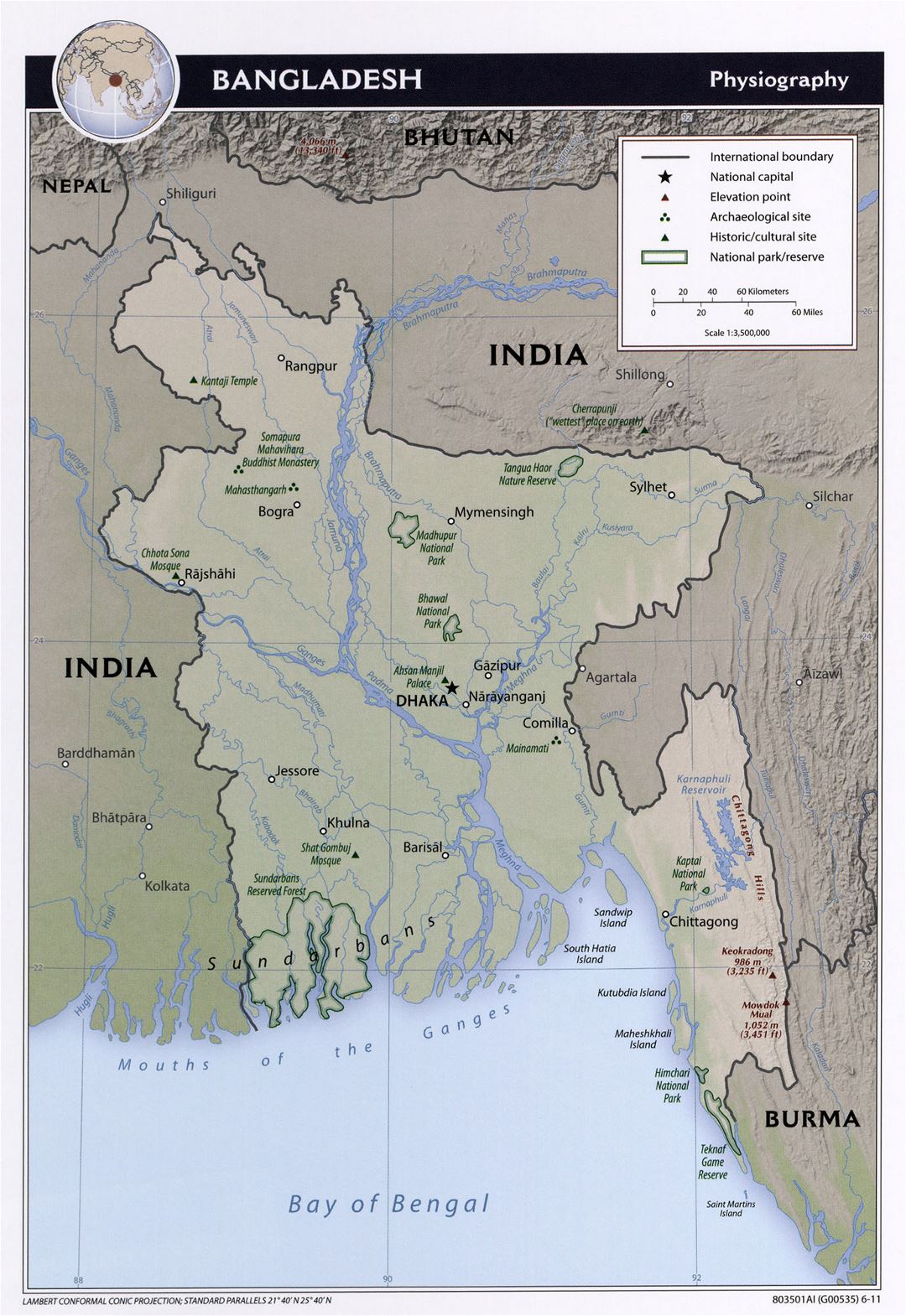 Large detailed physiography map of Bangladesh - 2011
