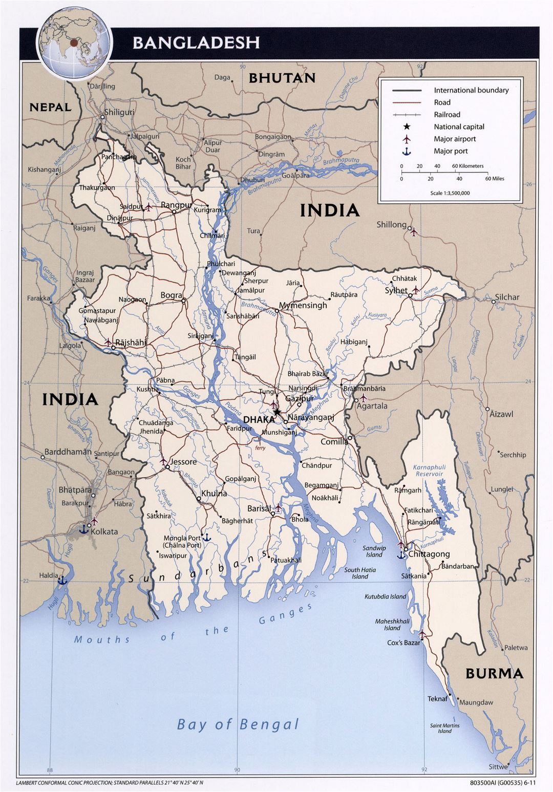 Large detailed political map of Bangladesh with roads, railroads, major cities and airports - 2011
