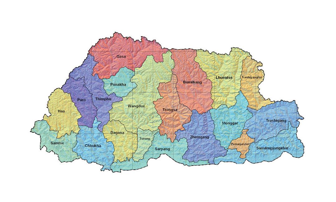 Detailed administrative and relief map of Bhutan