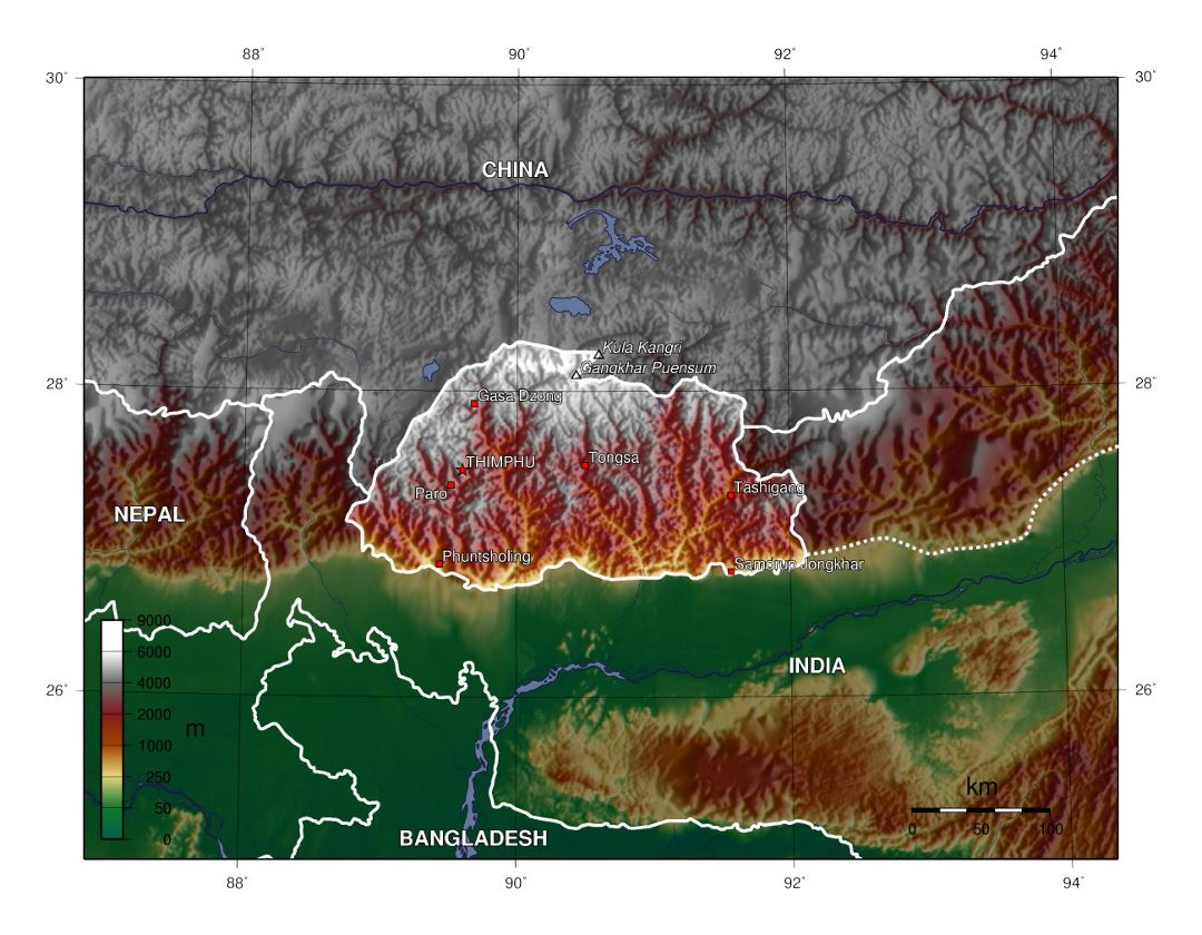 Detailed physical map of Bhutan