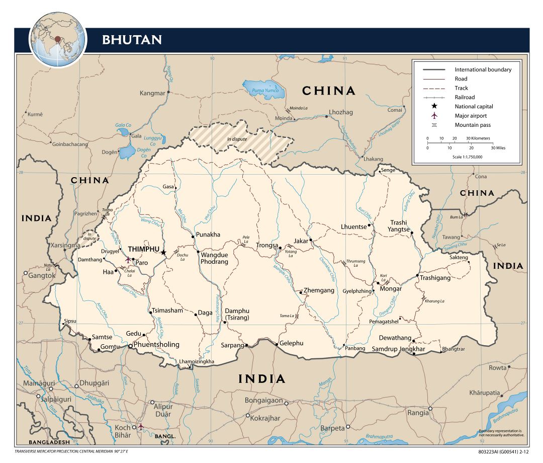 Large detailed political map of Bhutan with roads, railroads, major cities and airports - 2012