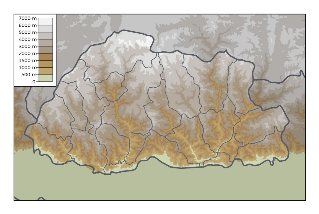 Large physical map of Bhutan