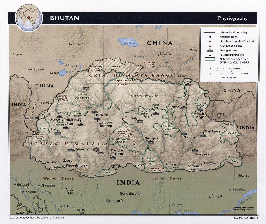 Large physiography map of Bhutan - 2012