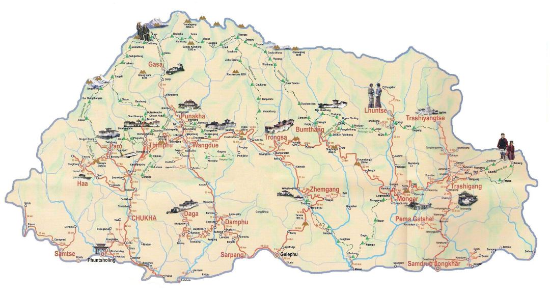 Large tourist map of Bhutan